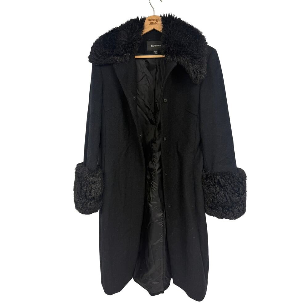 NWOT Express Penny Lane 100% Wool Black Y2K Coat SZ 3/4 Faux Fur Collar & Trim